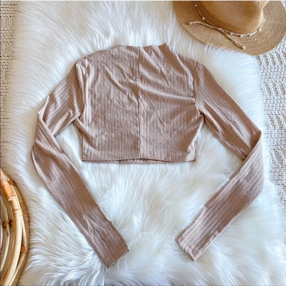 Meshki ILIANA Shimmer Rib Ribbed Long Sleeve Crop Top Nude Silver High Neck XS - Picture 3 of 11